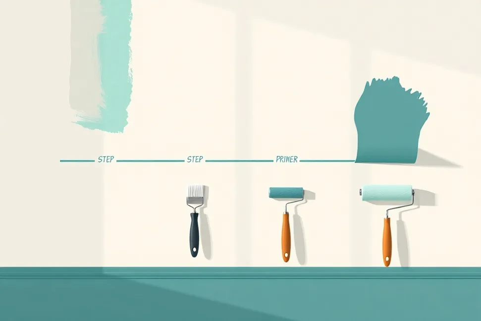 Outils de peinture disposés dans l'ordre des étapes du chantier
