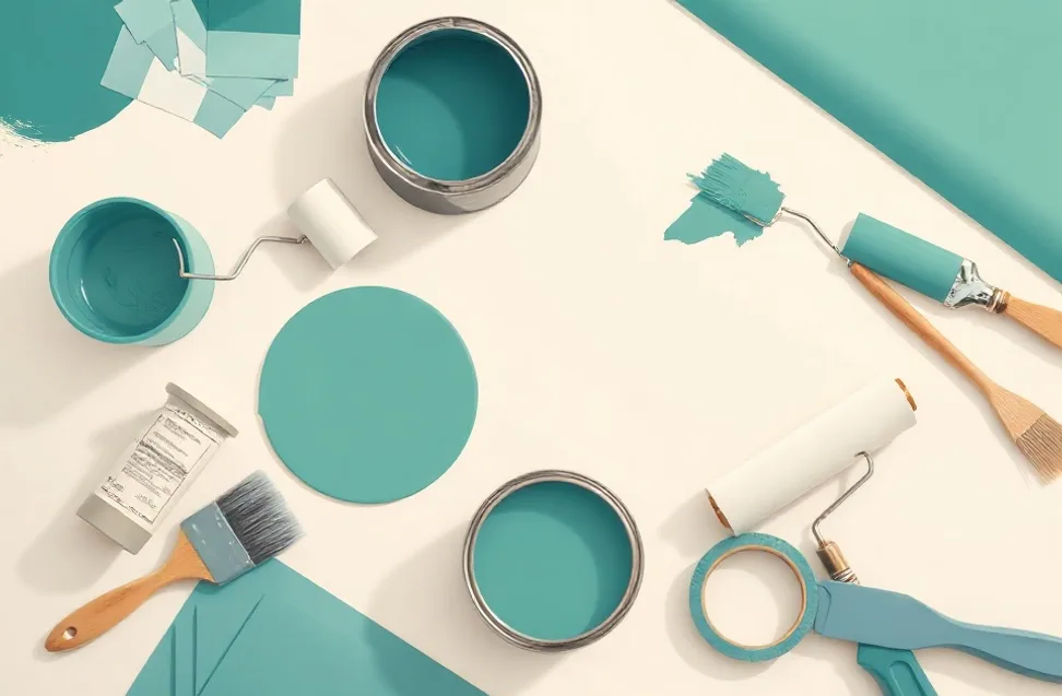 Pots de peinture, nuancier, brosses et rouleaux disposés à plat