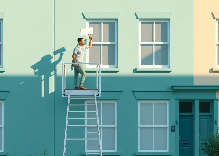 Peintre sur échafaudage traitant la façade d'une maison