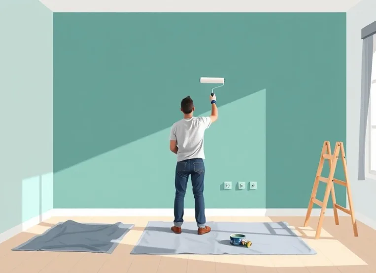 Peintre appliquant la peinture au rouleau sur un mur de salon